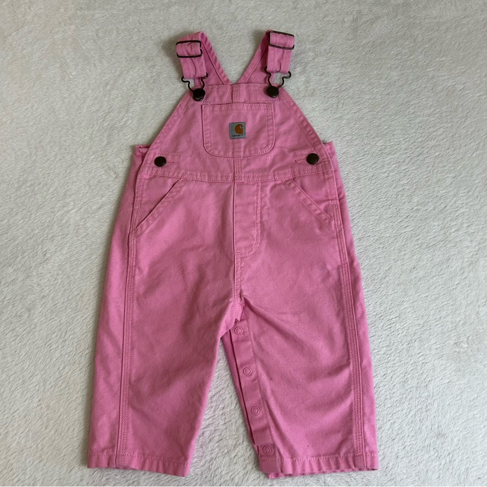 Carhartt Girls Overalls Size 6M Pink Denim Canvas Snap Buttons One Piece